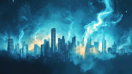 A surreal cityscape emerging from blue illuminated abstract clouds