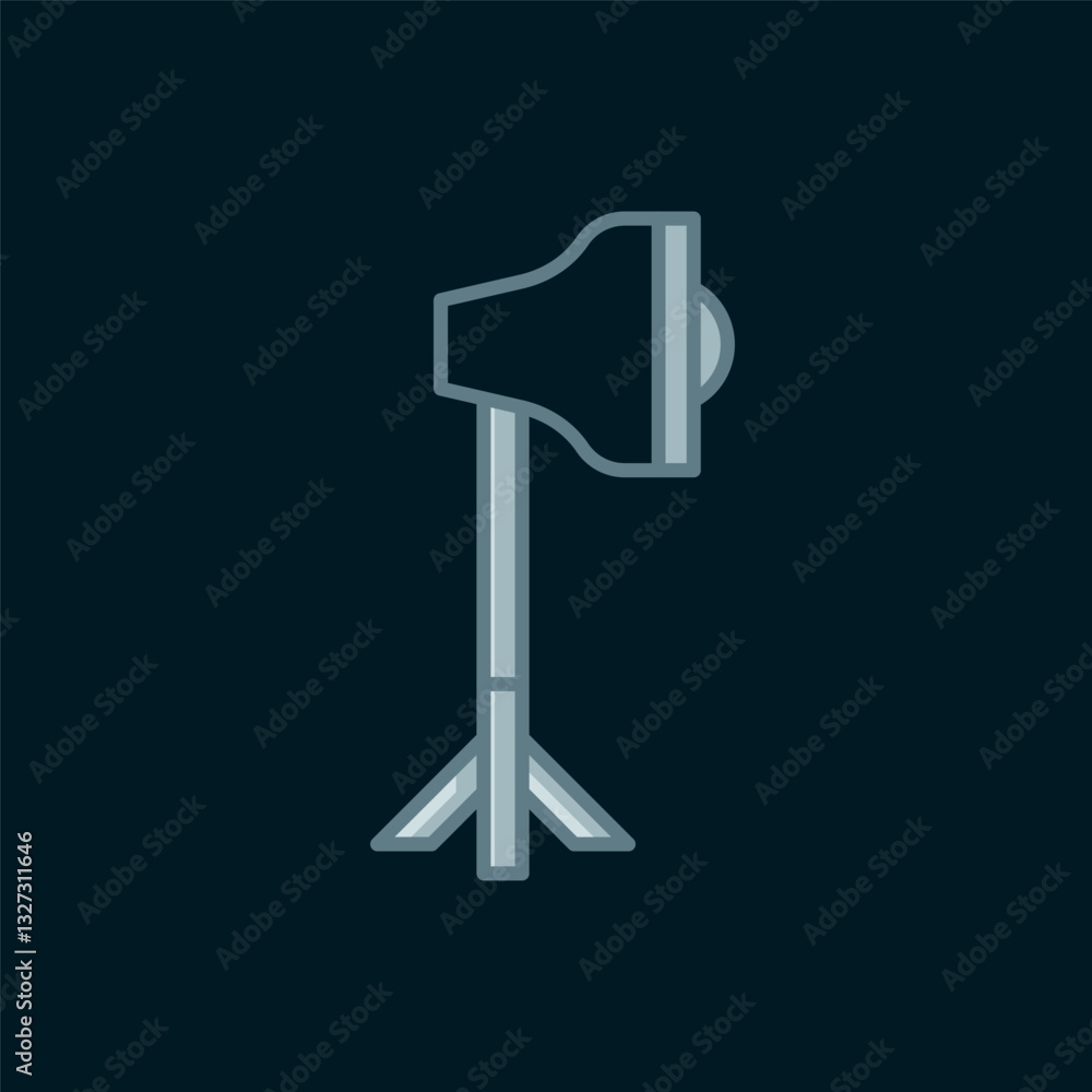Poster line studio light bulb in softbox icon isolated on black background. shadow reflection design. flat 