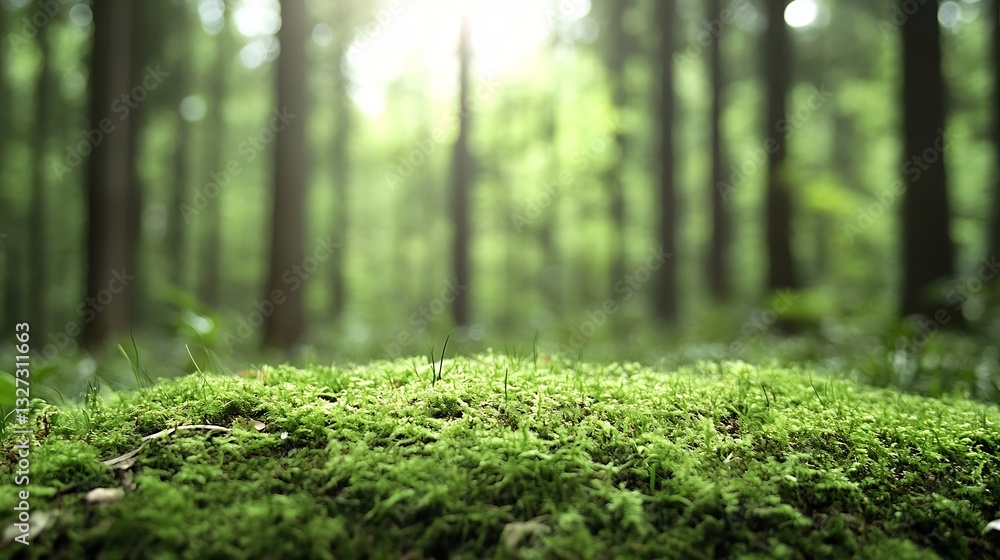 Poster Lush green moss covering the forest floor with sunlight filtering through trees in a serene woodland setting : Generative AI