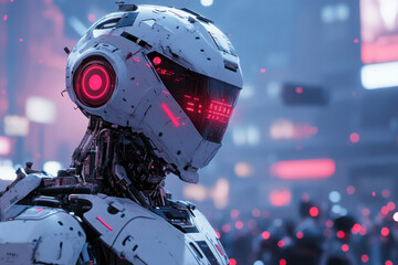 Futuristic Robot Portrait: Cybernetic Vision Meets High-Tech Cityscape in Neon Glow