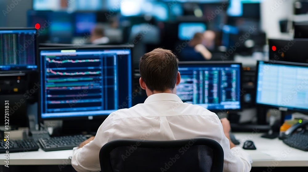 Leinwandbilder Focused professional analyzing stock market data on multiple hightech monitors in a busy office setting : Generative AI