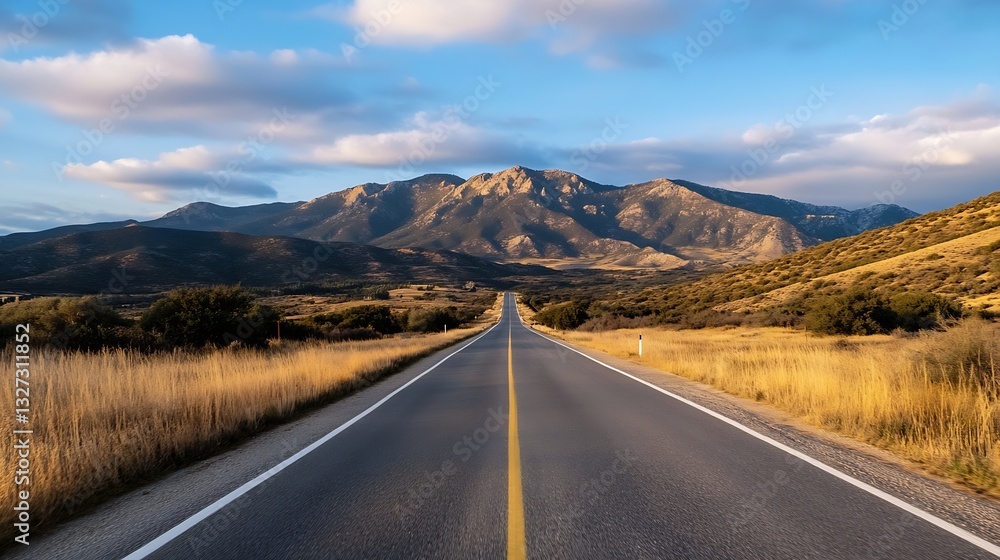 Aufkleber scenic view of a long road stretching through mountains and fields under the blue sky : generative a