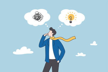Problem solving, solution or strategic thinking, creativity to solve frustrated problem, contemplation on messy issue, opportunity discovery, businessman thinking with mess problem and lightbulb idea.