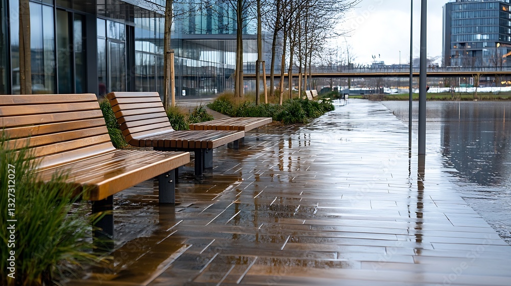 Aufkleber modern urban park pathway with wet benches and trees reflecting after rain : generative ai