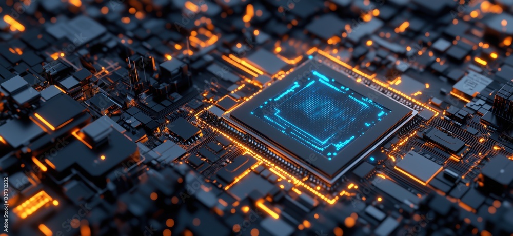Poster futuristic microchip with glowing circuitry on dark background showcasing advanced technology