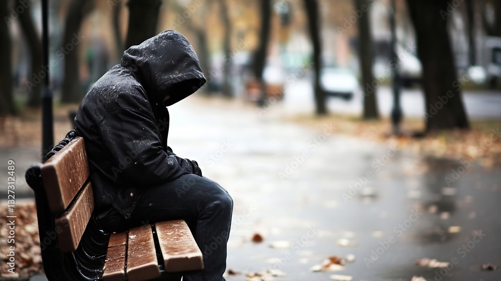 Poster sad figure on a bench in a rainy park surrounded by autumn leaves and solitude : generative ai