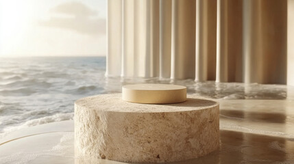 Eco-friendly luxury beauty product display minimalist Natural stone podium on serene ocean backdrop with soft sunlight and elegant columns