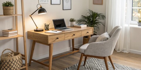 Modern Home Office Setup with Wood Desk, Laptop and Chair, Plants, Interior Design , Workspace