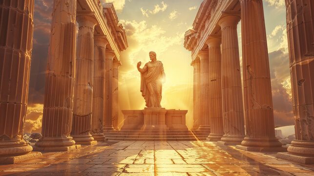 Statue of Zeus at Olympia recreated in stunning digital art, showing the monumental seated deity within a majestic temple interior, with golden sunlight streaming between classical columns 