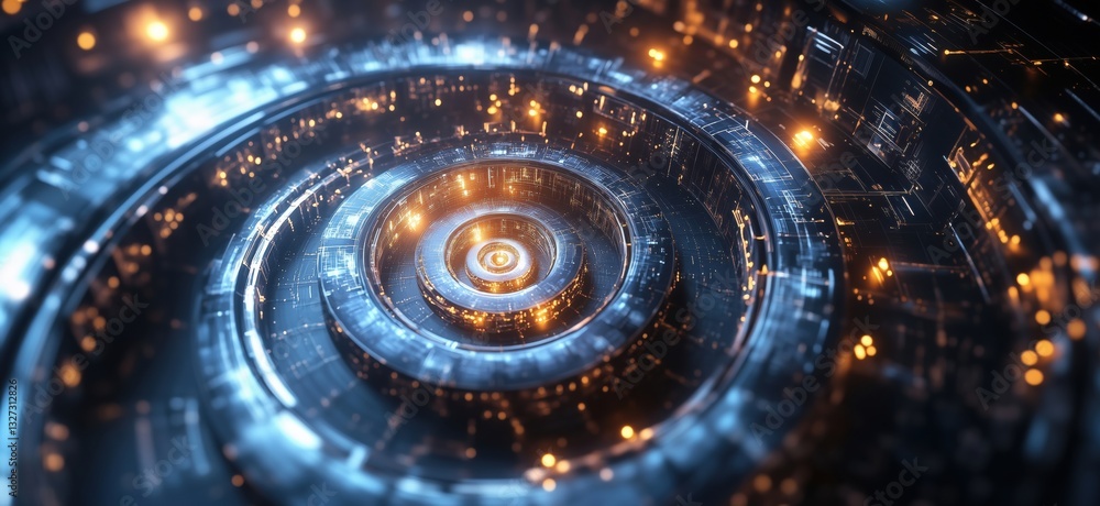Poster futuristic abstract spiral design with glowing lights and digital patterns