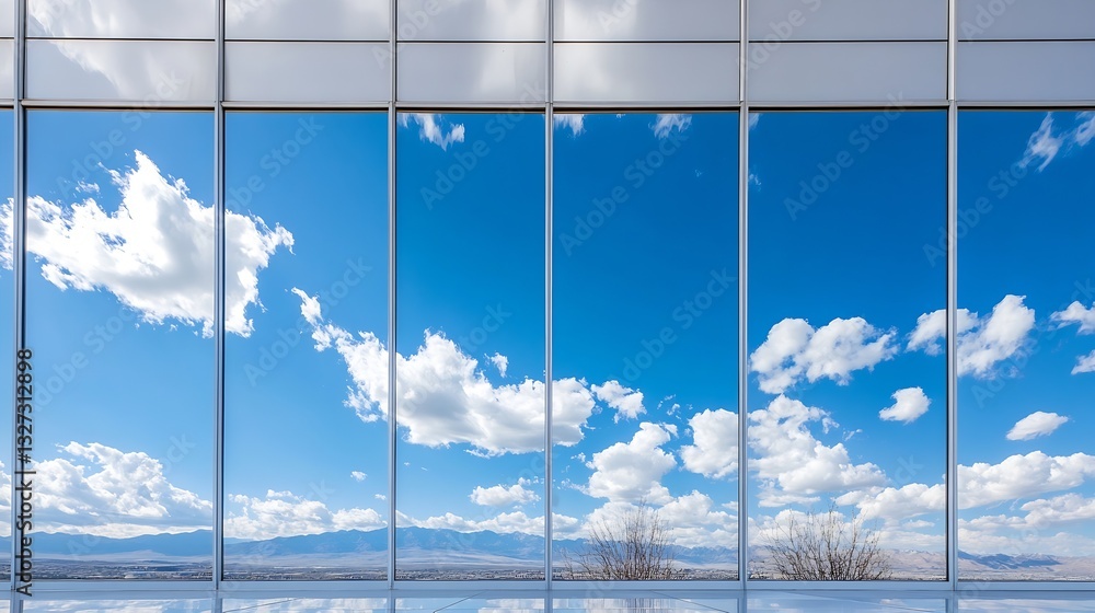 Poster stunning view of blue sky and clouds reflected in modern office building windows : generative ai