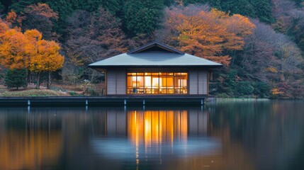 Fototapeta premium A peaceful Japanese lakeside cottage, reflecting perfectly on the calm water, with rolling mountains beyond. --chaos 20 --ar 16:9 --quality 2 --v 6.1 Job ID: 92a7ab56-773b-420c-b829-0a3252c9cdfe