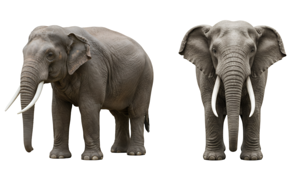 Two Gray Elephants Standing Isolated Against Different transparent background