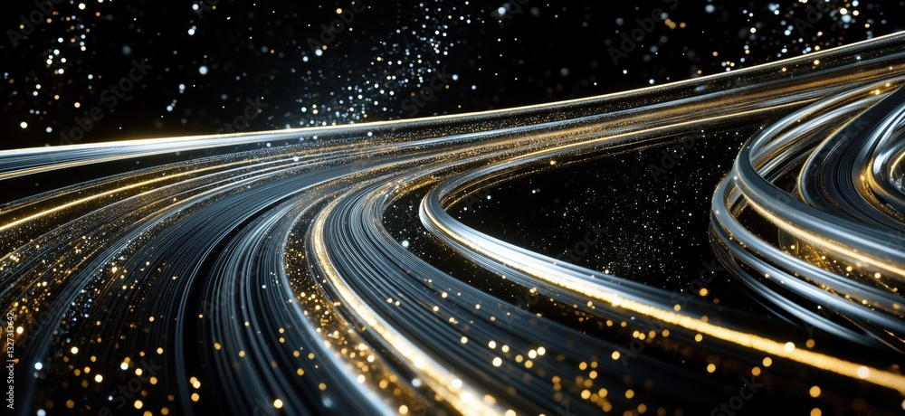 Poster dynamic abstract light trails with sparkling particles on dark background