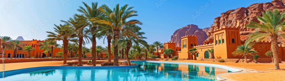 Poster a beautiful pool with palm trees in the background