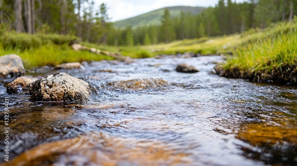 Aufkleber tranquil stream flowing gently through a lush forested area surrounded by green hills : generative a