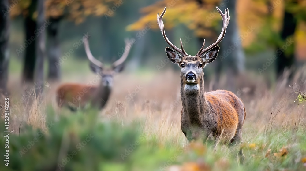 Poster magnificent stag standing proudly in a natural forest setting with vibrant autumn foliage in the bac