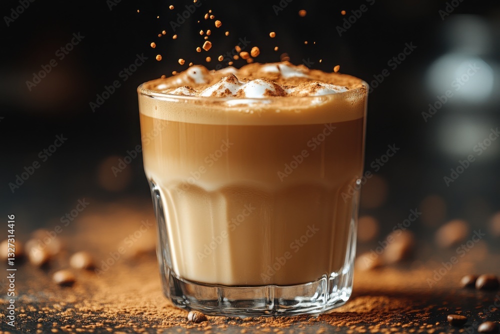 Poster frothy coffee delight: a layered latte topped with delicate foam and a sprinkle of cocoa in a clear 