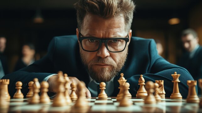 A determined man with glasses intensely studies the chessboard, showcasing his strategic mindset during a chess match surrounded by other players in the background.