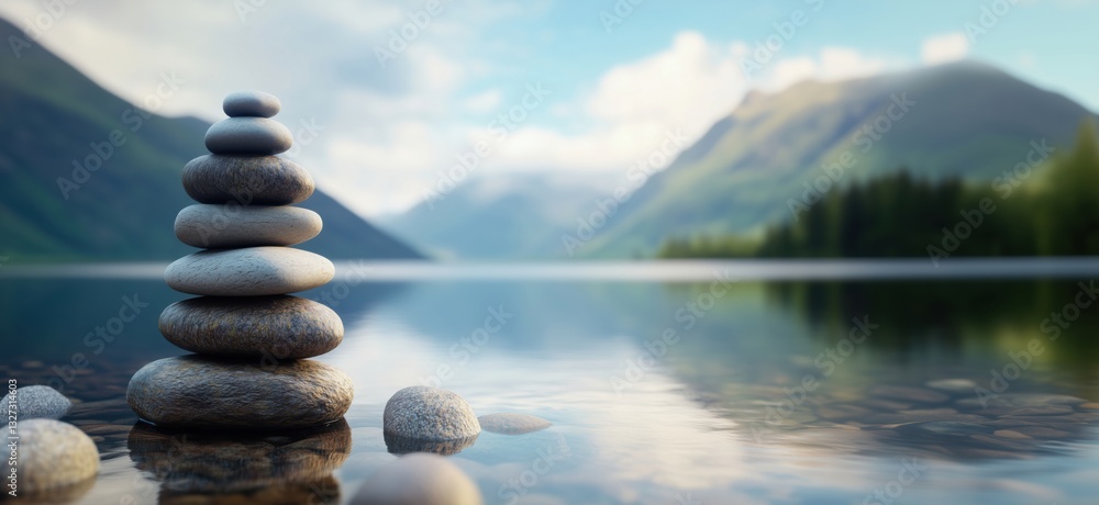 Poster balanced stone tower on calm lake with mountains and trees in background