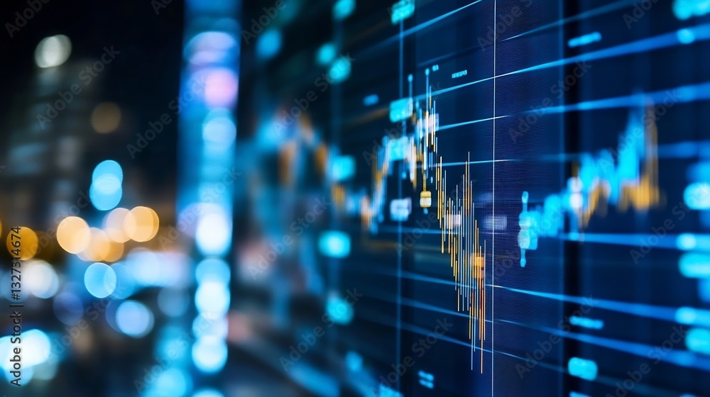 Poster Dynamic financial graph displaying stock market trends and analytics at night with blue light : Generative AI