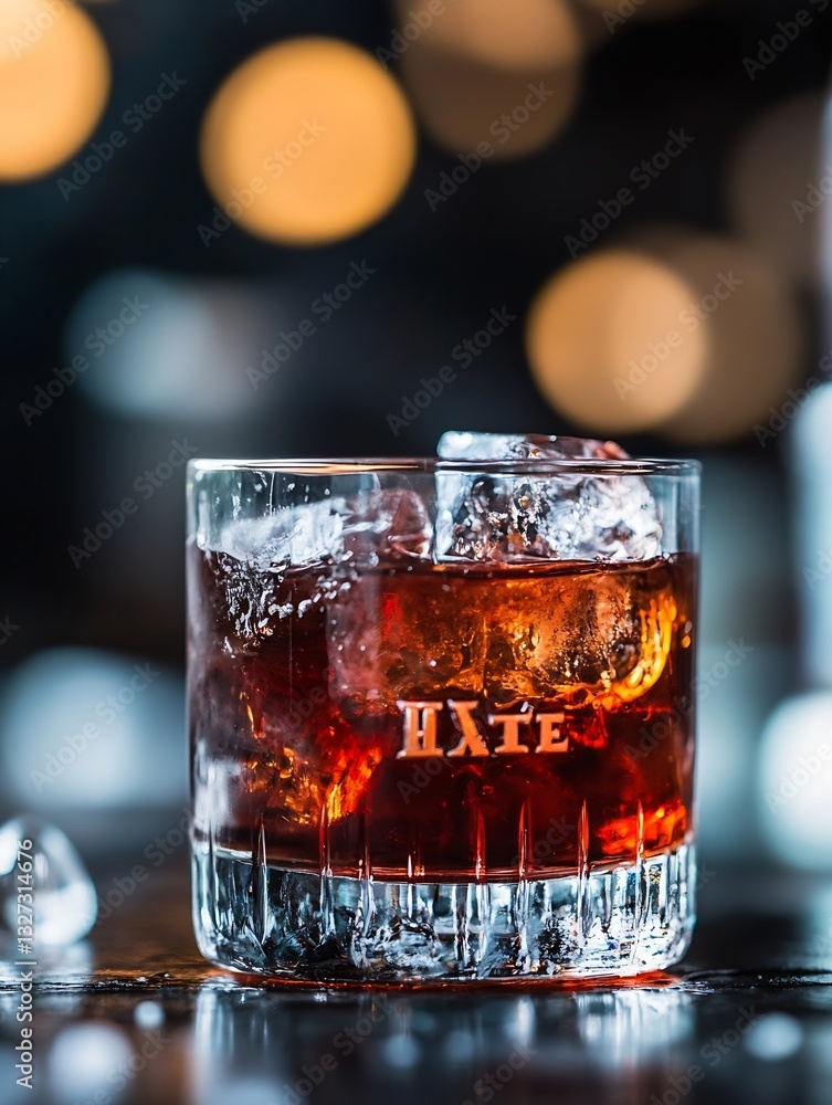 Poster Luxurious whiskey cocktail with ice cubes served in an elegant glass and an inviting bokeh background : Generative AI
