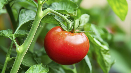 Fresh red tomato growing on green plant, showcasing vibrant colors and healthy leaves