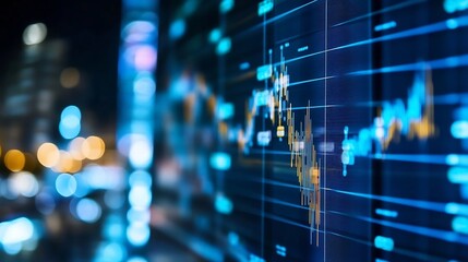 Dynamic financial graph displaying stock market trends and analytics at night with blue light : Generative AI