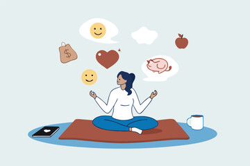 Wellness, lifestyle wellbeing, relaxation to balance happiness, mindfulness mental health, vitality or zen-like health nutrition, meditation concept, calmness woman meditate health wellness elements.