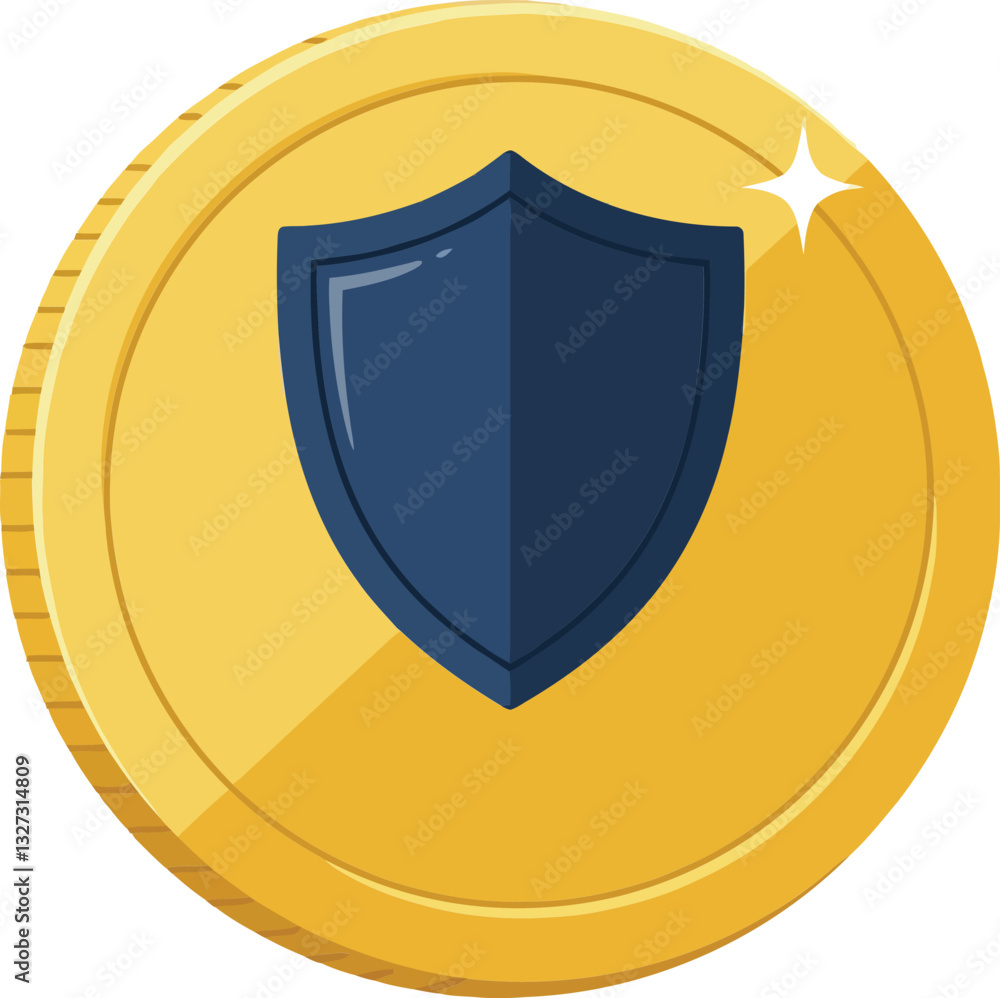 Poster golden coin with a blue shield emblem designed in a flat style representing security and trust in ve