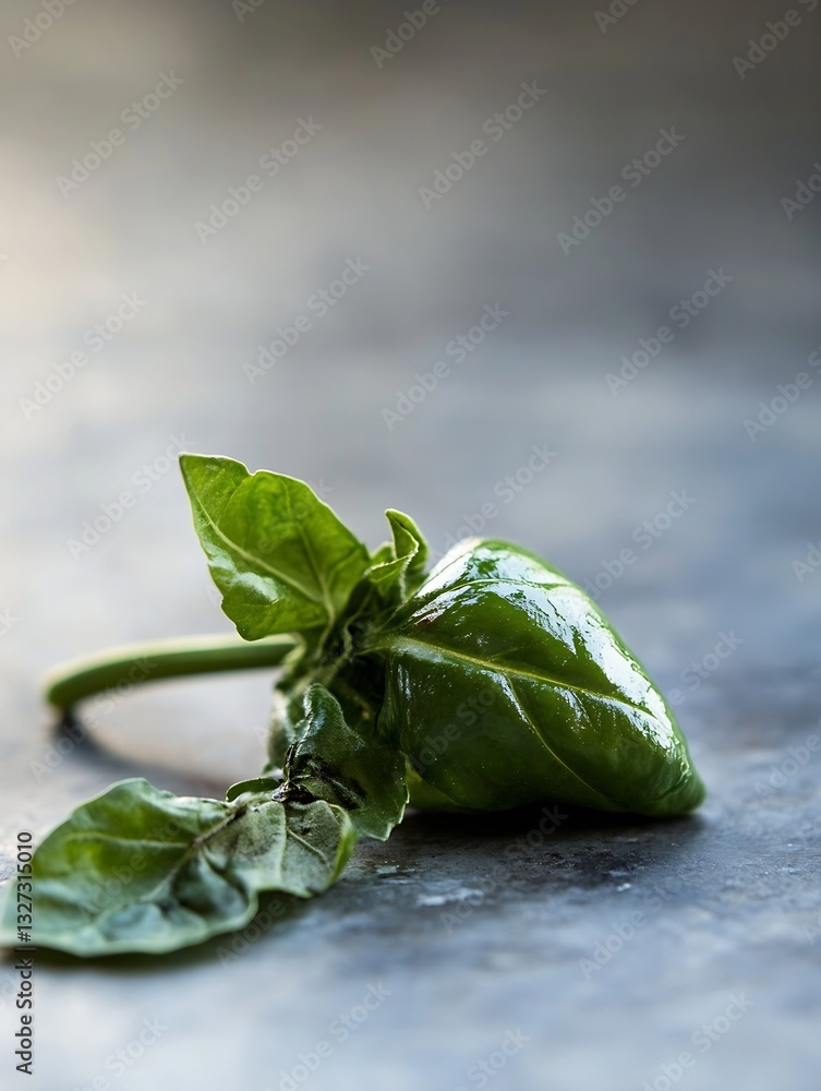 Poster Single Leafy Basil Sprig on Smooth Stone Surface Highlighting Freshness and Culinary Use : Generative AI