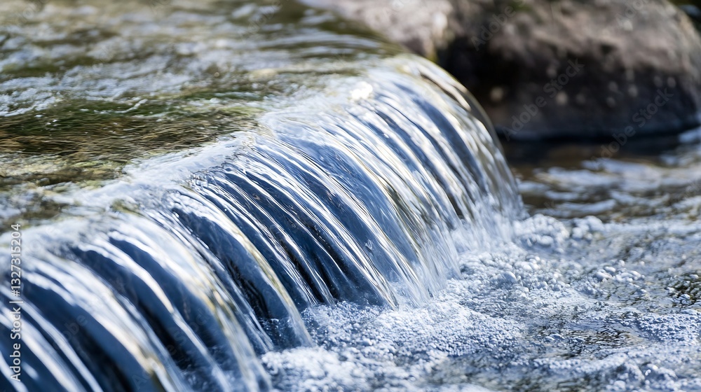 Poster Gentle stream of clear water flowing over smooth stones creating a serene and calming atmosphere : Generative AI