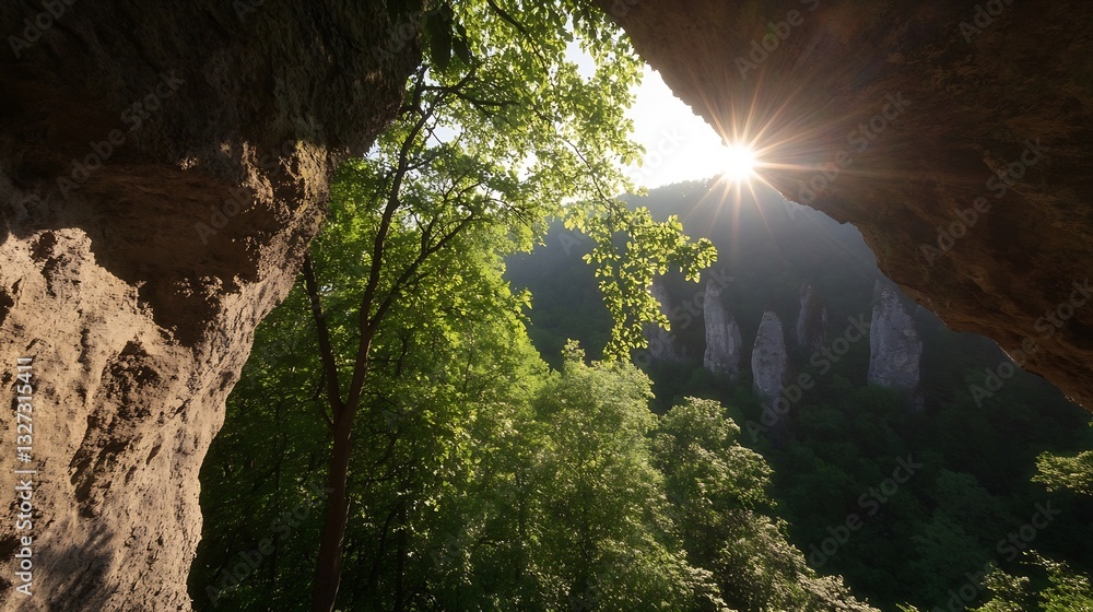 Poster sunlight breaking through lush green trees in scenic mountain cave view : generative ai