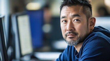 Focused programmer in casual attire, deep in thought, with a dramatic side light. Capturing the essence of concentration and creativity in modern w

