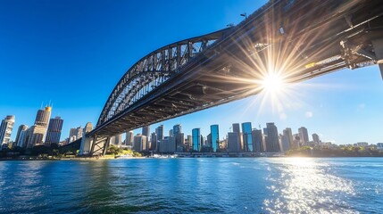 Naklejka premium Stunning view of the cityscape under the Sydney Harbour Bridge with sunlight reflecting on the water : Generative AI