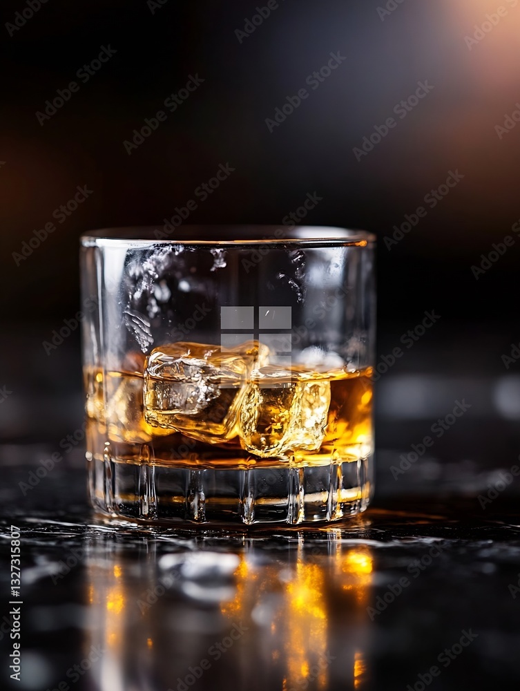 Aufkleber whiskey on ice in a stylish glass with dramatic lighting and soft focus : generative ai