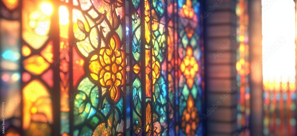 Poster vibrant stained glass window casting colorful light patterns in a serene setting