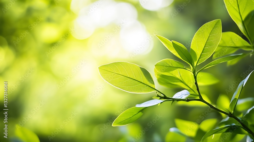 Poster vibrant closeup of fresh green leaves illuminated by soft sunlight creating a peaceful atmosphere : 