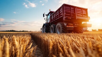 Obraz premium Agricultural Scene Featuring a Red Tractor in Action on a Vast Wheat Field Under Sunny Skies : Generative AI
