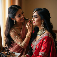 Stunning bride in gold-framed mirror with crimson sari and delicate blush exudes refined elegance, generative ai