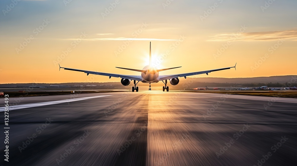 Aufkleber airplane landing on runway during vibrant sunset with rays shining behind : generative ai