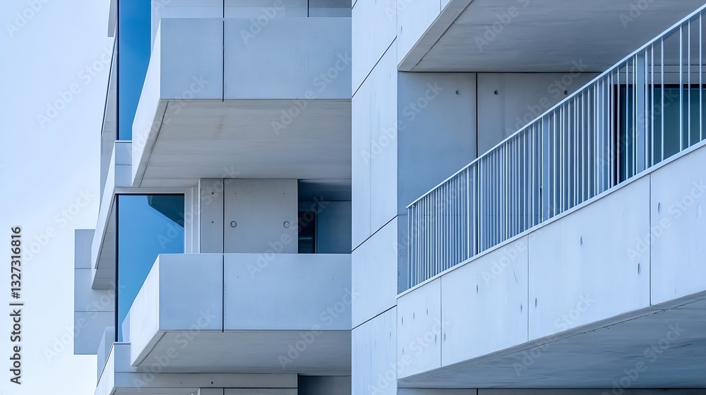 Poster modern architectural design featuring horizontal concrete balconies and large glass windows in a con