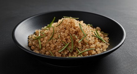 Brown Sugar and Rosemary in a Black Bowl on Dark Background