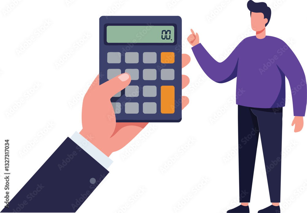 Poster a hand holding a calculator while a man gestures confidently, showcasing a modern flat design style,