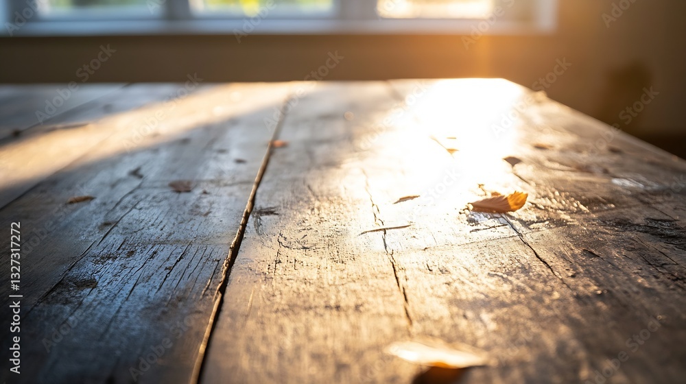 Poster breathtaking view of a sunlit wooden table adorned with fallen leaves creating a serene atmosphere i