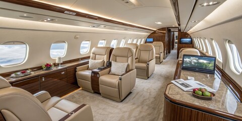 Obraz premium Luxurious Private Jet Interior with Leather Seats and Modern Amenities, Air travel, Interior design