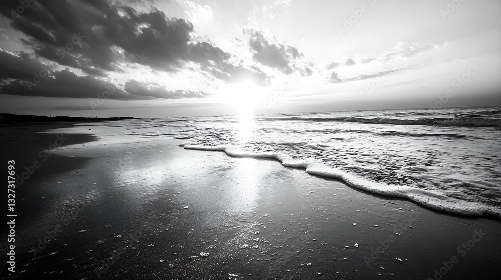 Poster monochrome view of waves gently crashing on a sandy beach during a stunning black and white sunset :