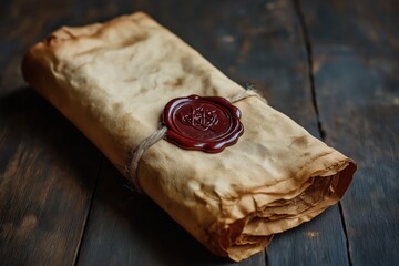 Aged parchment scroll with wax seal, satin ribbon, and historical elegance displayed