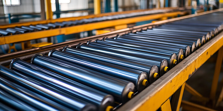 Parallel rollers form a conveyor belt shiny and metallic resting on a yellow support structure in an industrial setting.