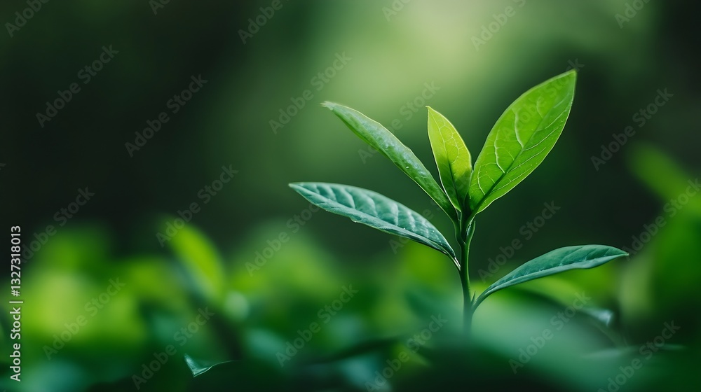 Aufkleber fresh green plant sprout emerging from dark soil in lush greenery background : generative ai